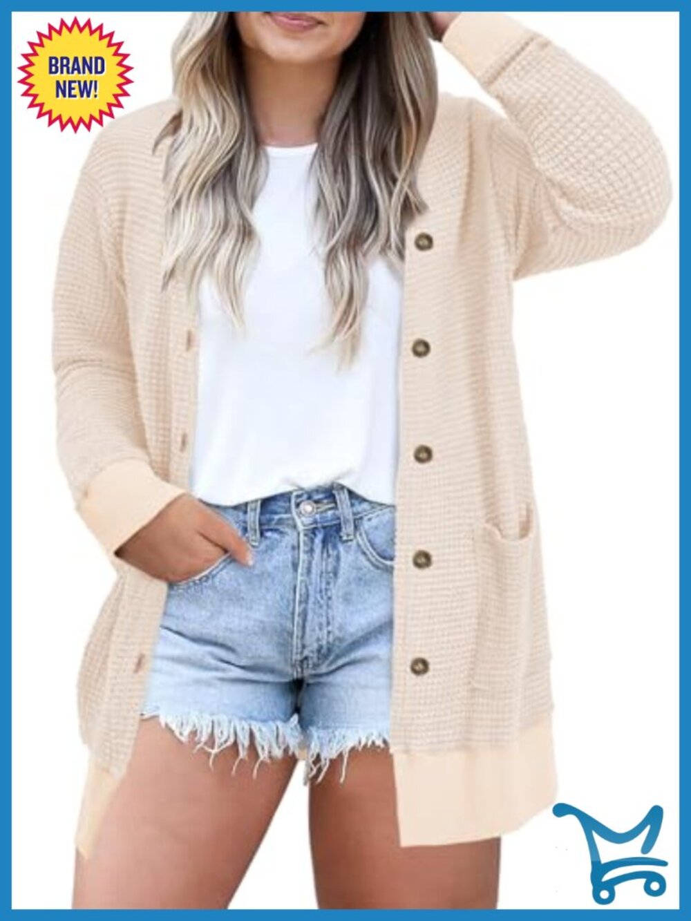 Plus Size Waffle Knit Button Down Cardigan Long Sleeve Loose Fit
